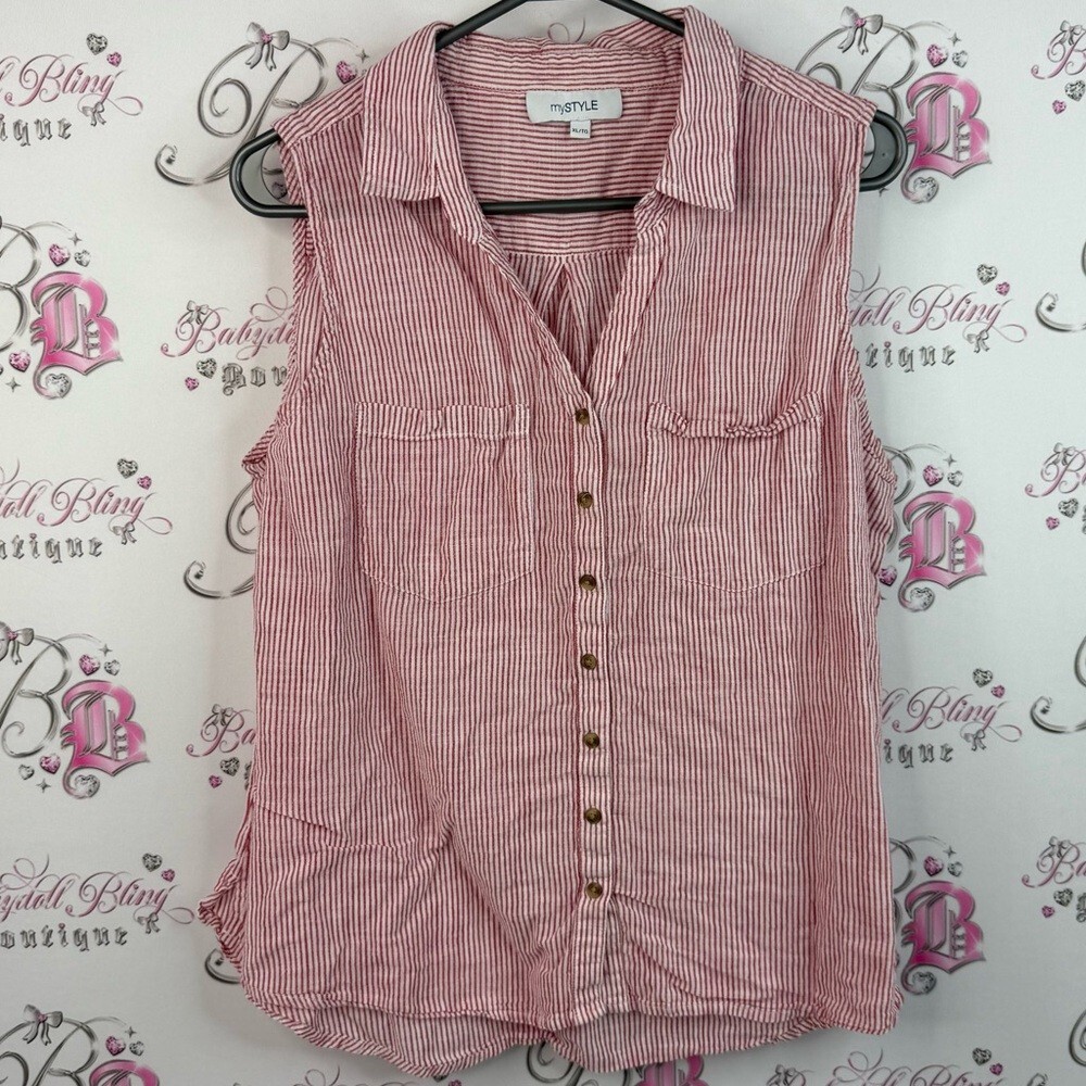 Mystyle tank top button up collared Red Striped Sleeveless Button-Down Shirt